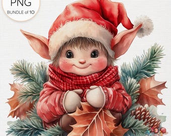 Playful Christmas Elf Clipart - Watercolor Holiday Elves, Festive Mixed Media Bundle, Digital Paper Craft PNG, Sublimation, Commercial Use