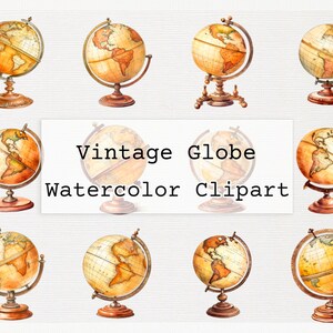 May include: Ten watercolour illustrations of vintage globes with a brown and gold colour scheme. The globes are on a white background with the text "Vintage Globe Watercolor Clipart".