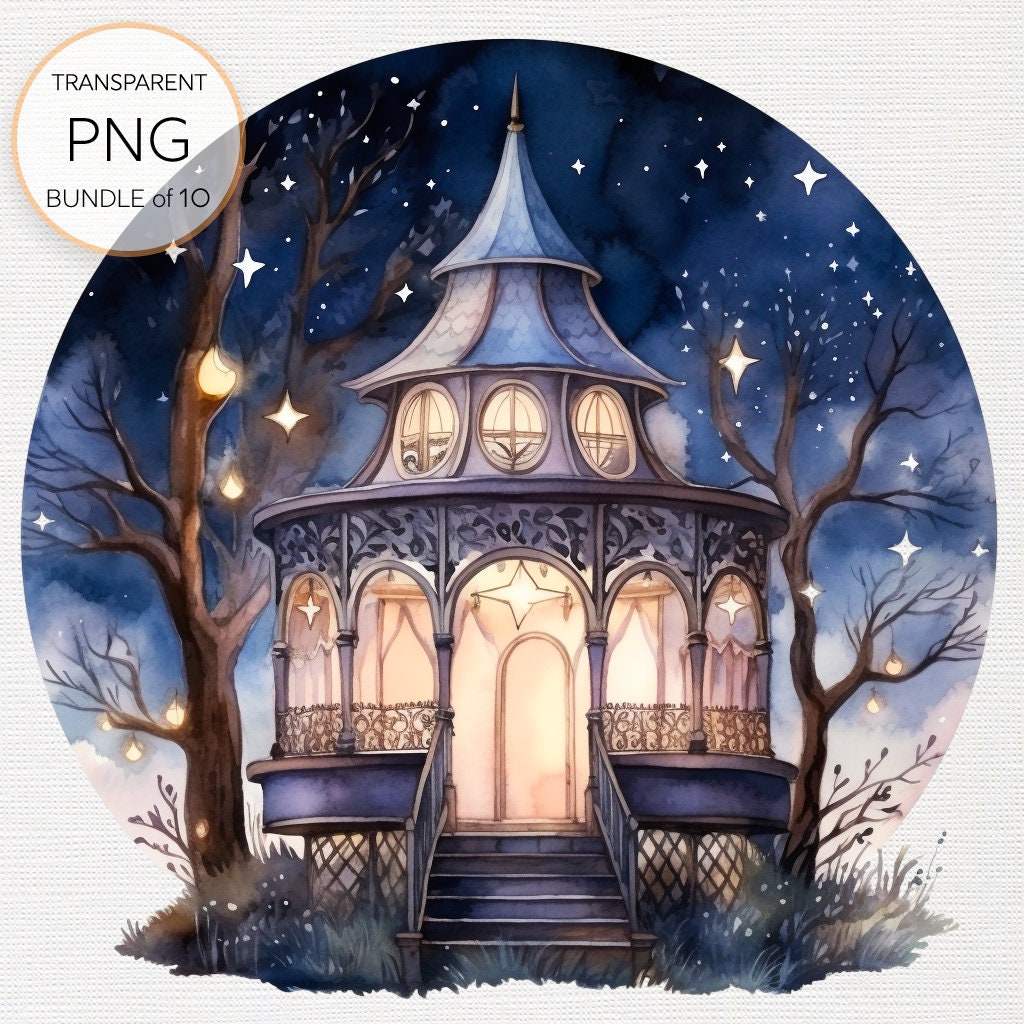 Set of 10 Watercolor Fairy Tent at Night Clipart Pngs for Enchanting ...