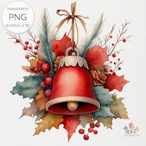 Christmas Bell Clipart - Jingle Bell Illustrations, Watercolor Christmas Bells, Digital Craft PNG, Commercial Use