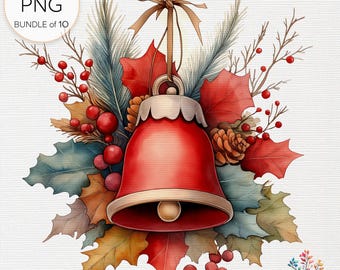 Christmas Bell Clipart - Jingle Bell Illustrations, Watercolor Christmas Bells, Digital Craft PNG, Commercial Use