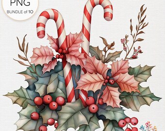Christmas Candy Cane Clipart - Sweet Holiday Treats, Watercolor Candy Canes, Festive Mixed Media Bundle, Digital Craft PNG, Commercial Use