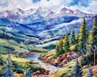 Rocky Mountain Landscape Clipart, Colorado Watercolor PNG (Digital Download)