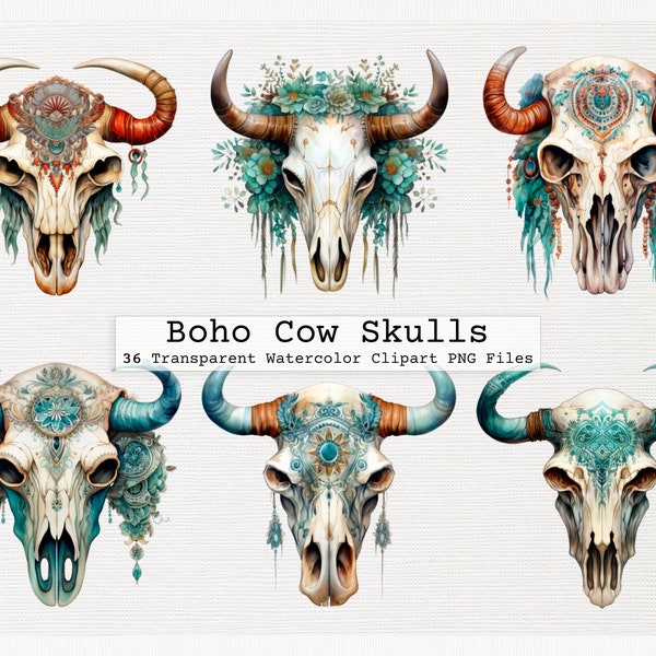 Boho Cow Skull Clipart Design, Rustic Bone Art, Tribal and Feathered Decor Illustration, Spiritual and Mystic Unique Desert Symbol, Vintage