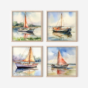 Téléchargement numérique Sloop, lot de 4 Images PNG Clipart bateau haute résolution, Art de bateau imprimable, Téléchargement instantané de licence commerciale