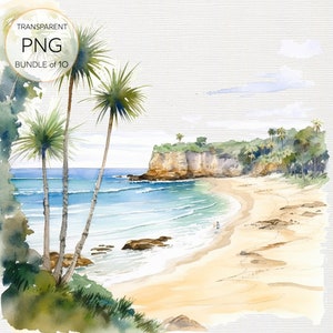 Beach Cove aquarel clipart afbeelding, handgeschilderde afgelegen kust ontwerp, serene zee retraite bestand, zand en golven PNG, tropisch paradijs