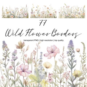 Diseños de bordes de flores silvestres, bordes florales con flores silvestres, imágenes prediseñadas de flores de acuarela, bordes de boda prefabricados, elementos de diseño floral