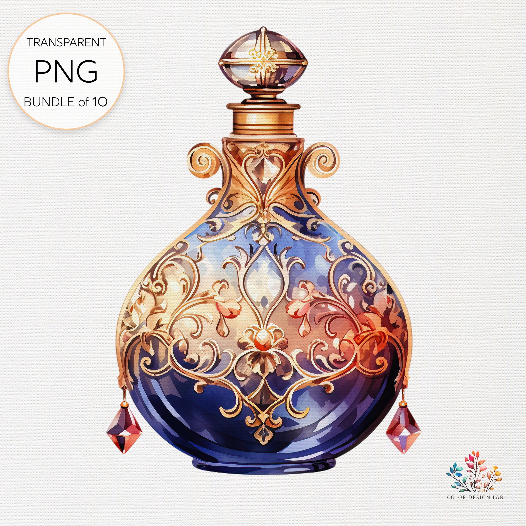 水彩画のヴィンテージ香水瓶、クラシックなフレグランスデザイン