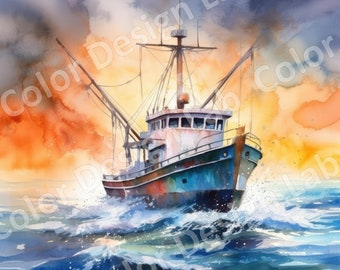 Watercolor Fishing Boat Clipart, Coastal Wall Art (Digital Download)