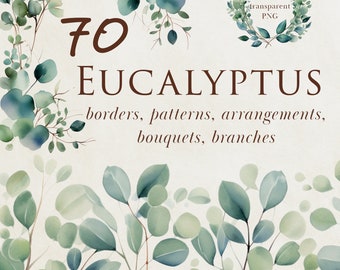May include: 70 watercolor eucalyptus illustrations, including borders, patterns, arrangements, bouquets, and branches.  These are transparent PNG files.