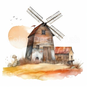 Rustikale Windmühle Clipart - 8 druckbare Kunst PNG, Windmühle Wandkunst, digitaler Download, kommerzielle Nutzung erlaubt, hochauflösende Dateien