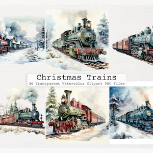 Clipartset kersttrein - 36 digitale downloads in transparante png-indeling met hoge resolutie met commerciële licentie aquarel kersttrein