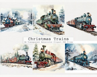 Christmas Train Clipart Set - 36 High-Res Transparent Png Format Digital Downloads With Commercial License Christmas Train Watercolor