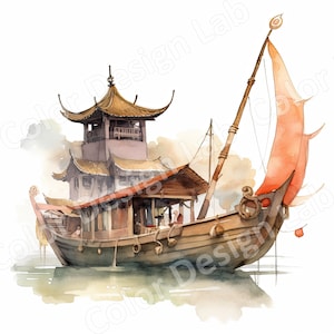 Jonque chinoise Boat Cove Clipart, ensemble de 8 images haute résolution, téléchargement numérique, utilisation commerciale, Boat Cove Art Printable Bundle