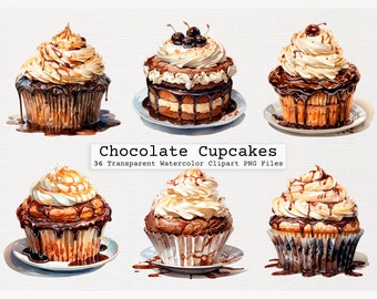 Chocolate Cupcake Clipart Bundle Of 36 Quality Transparent Watercolor Png Digital Download Files Commercial License Download Png Chocolate