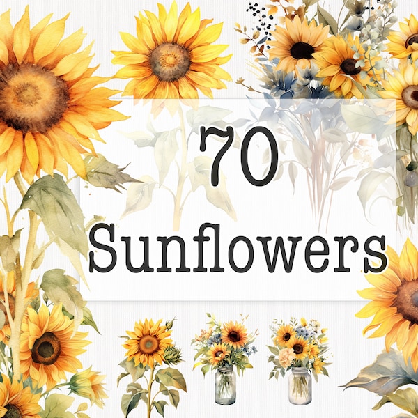 Watercolor Sunflowers Clipart, Hand-painted Floral Design, Golden Blossom Artwork, Vibrant Nature Graphics, Summer Blooms Illustration