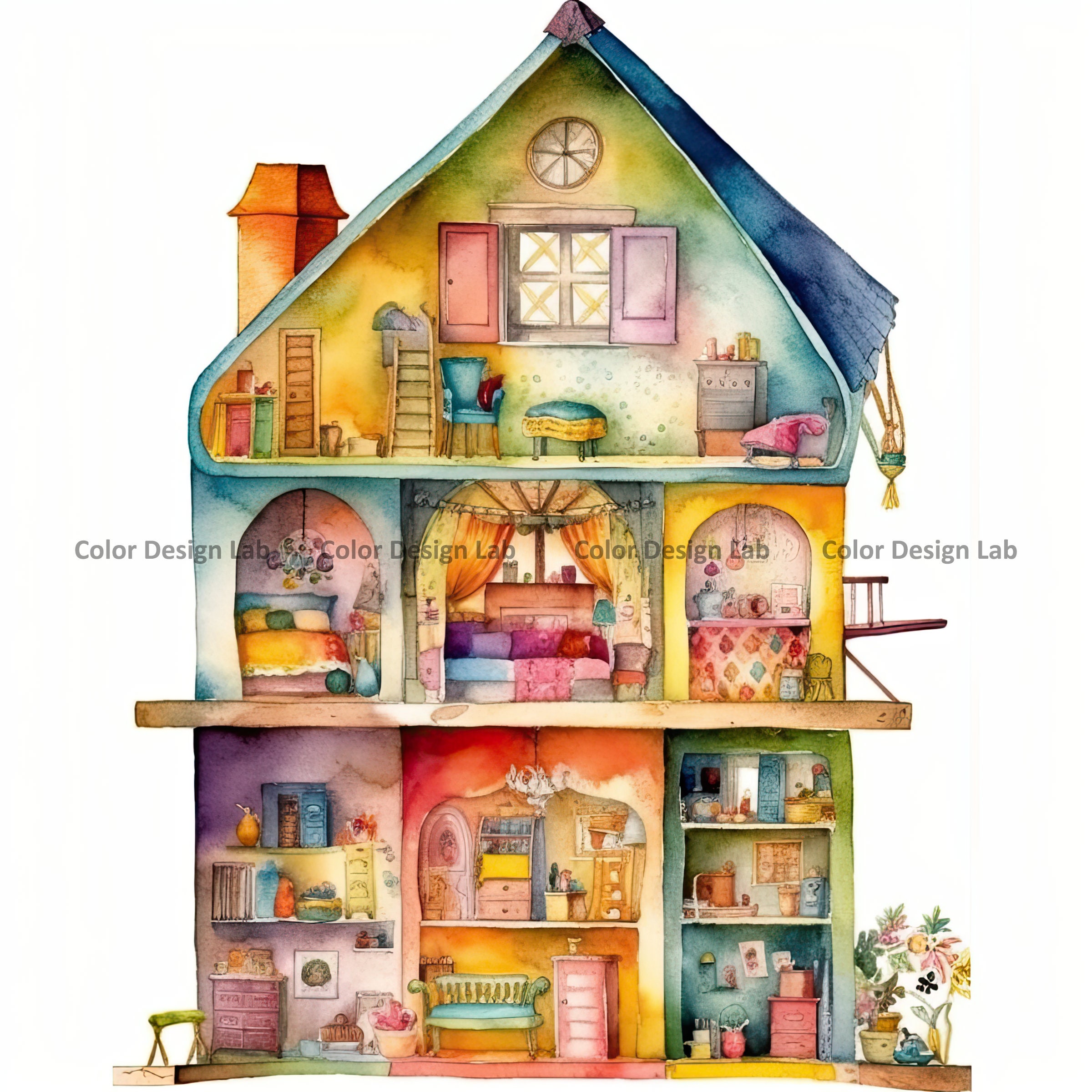 Premium Vector  A watercolor illustration of a colorful doll house