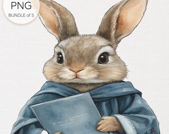 Graduation Bunny Watercolor Clipart: Celebratory PNG Bundle
