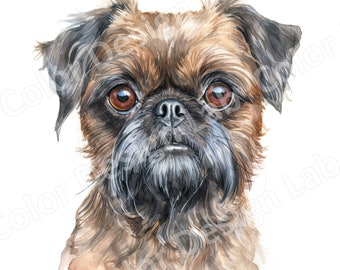 Op de afbeelding: Een aquarel schilderij van een Brusselse Griffon hond met bruine vacht en een zwarte snuit. De hond heeft grote, ronde, bruine ogen en een serieuze uitdrukking.