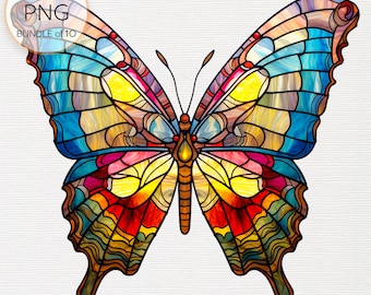 Stained Glass Butterflies Clipart - Set of 10 watercolor stained glass butterfly PNG format instant download for commercial use