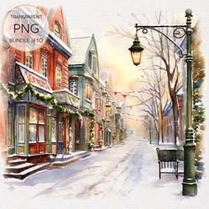 Set di 10 PNG clipart della casa di Natale vittoriana ad acquerello per la creazione di cartoline festive e l'artigianato natalizio