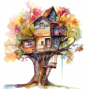 Tree House Clipart - Ensemble de 8 PNG de haute qualité - Téléchargement numérique - Parfait pour la fabrication de cartes, les invitations, l'art mural et l'artisanat