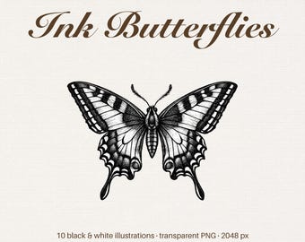 Black and White Butterfly Clipart, Hand Drawn Ink Junk Journal PNG (Digital Download)