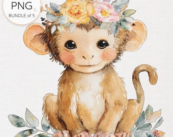 Watercolor Floral Safari Animals Clip Art: Nursery Decor PNG Designs