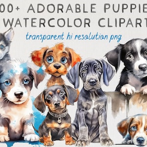 500+ Welpen Clipart Bundle PNG-Bilder, Digitales Scrapbooking, Kartenherstellung, Kinderzimmer Wandkunst, Hunderassen Aquarell Realistisch Sofort Download