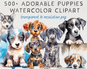 May include: A collection of watercolor illustrations of adorable puppies. The puppies are in various poses and breeds, including a husky, a dachshund, a Great Dane, and a beagle. The illustrations are in a realistic style and feature vibrant colors.