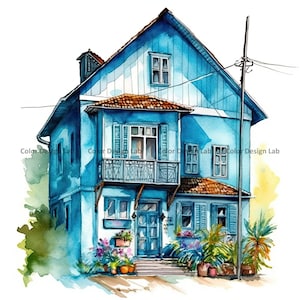 Blaues Haus Clipart - Set aus 8 hochwertigen PNG - Sofortiger digitaler Download - Perfekt für Kartenherstellung, Wandkunst, Einladungen und Basteln