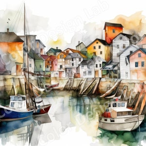 Malerische Fischerhafen druckbare Clipart-Set, 8 hochauflösende Hafenbilder, perfekt für Wandkunst, kommerzielle Nutzung, digitaler Download