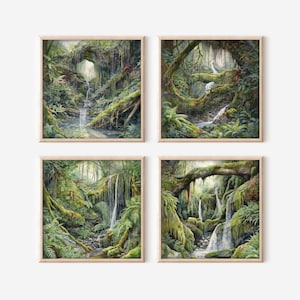 Descarga digital de la cascada del bosque encantado, juego de 4 imágenes de alta resolución, licencia comercial, imágenes prediseñadas imprimibles de cuento de hadas PNG.