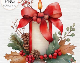 Christmas Candle Clipart - Festive Holiday Candles, Watercolor Christmas Candle Bundle, Mixed Media Art, Digital Craft PNG, Commercial Use