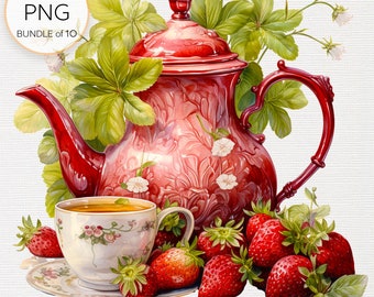 Clipart de chá de morango vitoriano, festa de chá vintage, decorações para hora do chá, artesanato em papel digital, sublimação, uso comercial