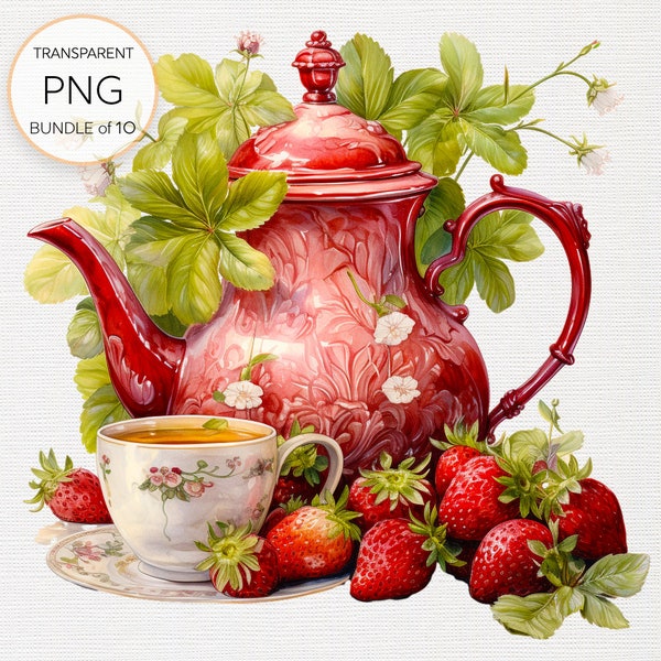 Victorian Strawberry Tea Clipart, Vintage Tea Party, Tea Time Decorations, Digital Paper Craft, Sublimation, Commercial Use