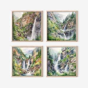 Cascading Mountain Waterfall Clipart, Set aus 4 hochauflösenden Wasserfall PNG-Bildern, Download, druckbare Landschaftskunst, kommerzielle Nutzung