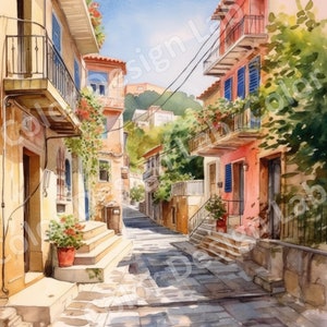 Plaka District, Athene, Griekenland Afdrukbare Wall Art Download, Set van 8 hoge resolutie Athene PNG Art Images, Digitale Download, Griekse scène
