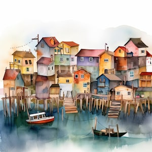 Schläfriges Fischerdorf druckbares Clipart-Set - 8 PNGs von Gemütliches Häuschen, Hafen, Meer, digitaler Download, kommerzielle Lizenz