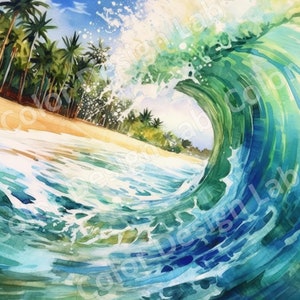 Pacote de clipart de ondas de surfe em praia tropical - 8 imagens PNG de alta resolução, download digital, uso comercial, arte para impressão de paisagens de praia