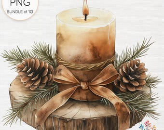 Pinecone and Ribbon Festive Candles Clipart Bundle | 10 Transparent PNG Files for Holiday Decor & Crafts