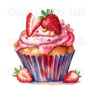 Clipart imprimable cupcake aux fraises, 8 fichiers PNG numériques, haute résolution, licence commerciale, convient pour les invitations, cartes de voeux