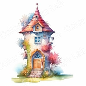 May include: A whimsical watercolor illustration of a blue and white tower house with a red roof. The house has a small window on the top floor and a larger window on the second floor. The house is surrounded by green grass and trees.