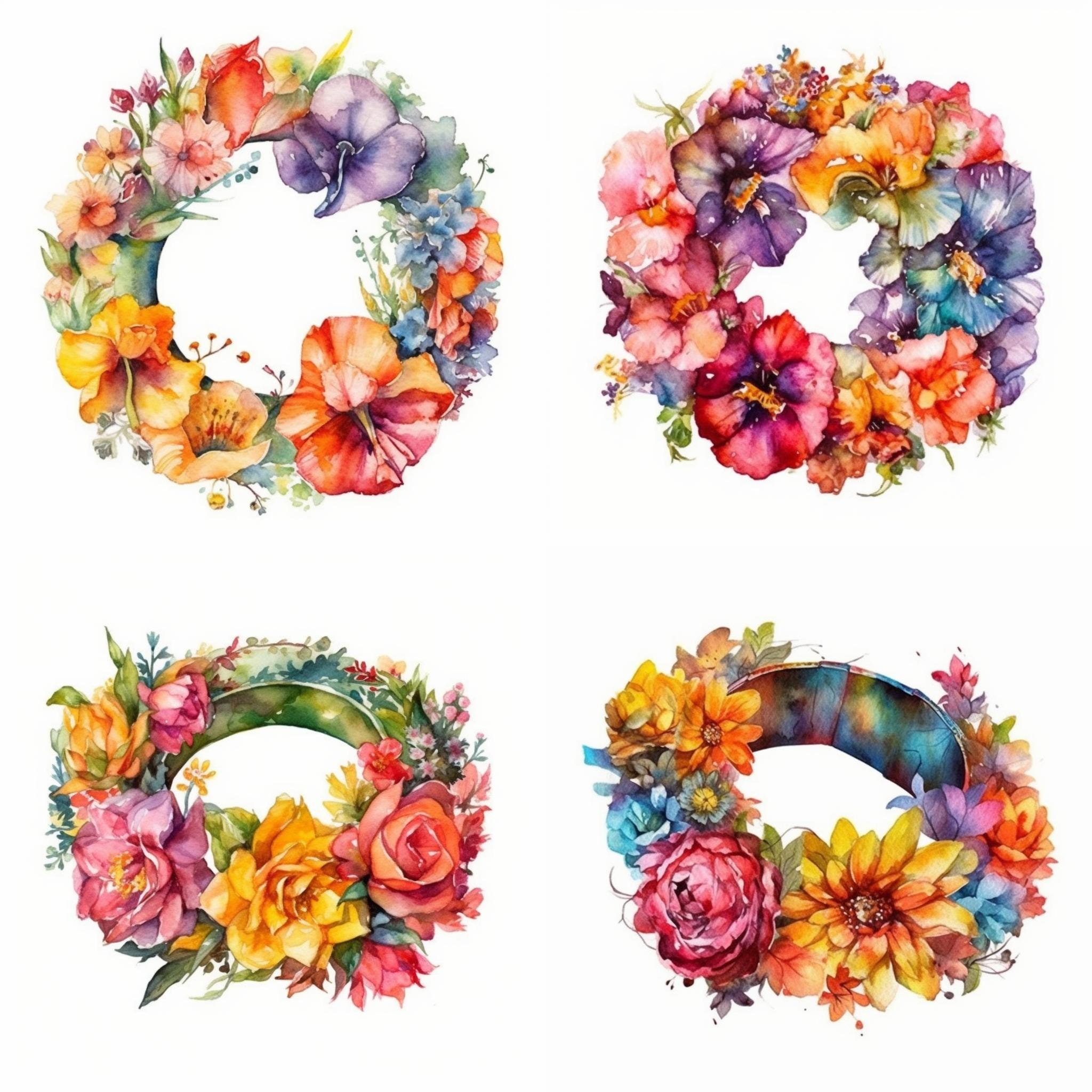 Flower Ring Clipart Floral Wreath Set of 12 PNG Watercolor Etsy