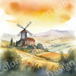 Téléchargement numérique de moulin à vent rustique, campagne moulin à vent Art ensemble de 4 Images PNG, licence commerciale, téléchargement d’Art mural haute résolution