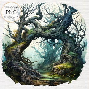 Aquarell Gothic Bäume Set von 10 Clipart PNGs für Mystische Kreationen - Sofortiger digitaler Download mit kommerzieller Lizenz