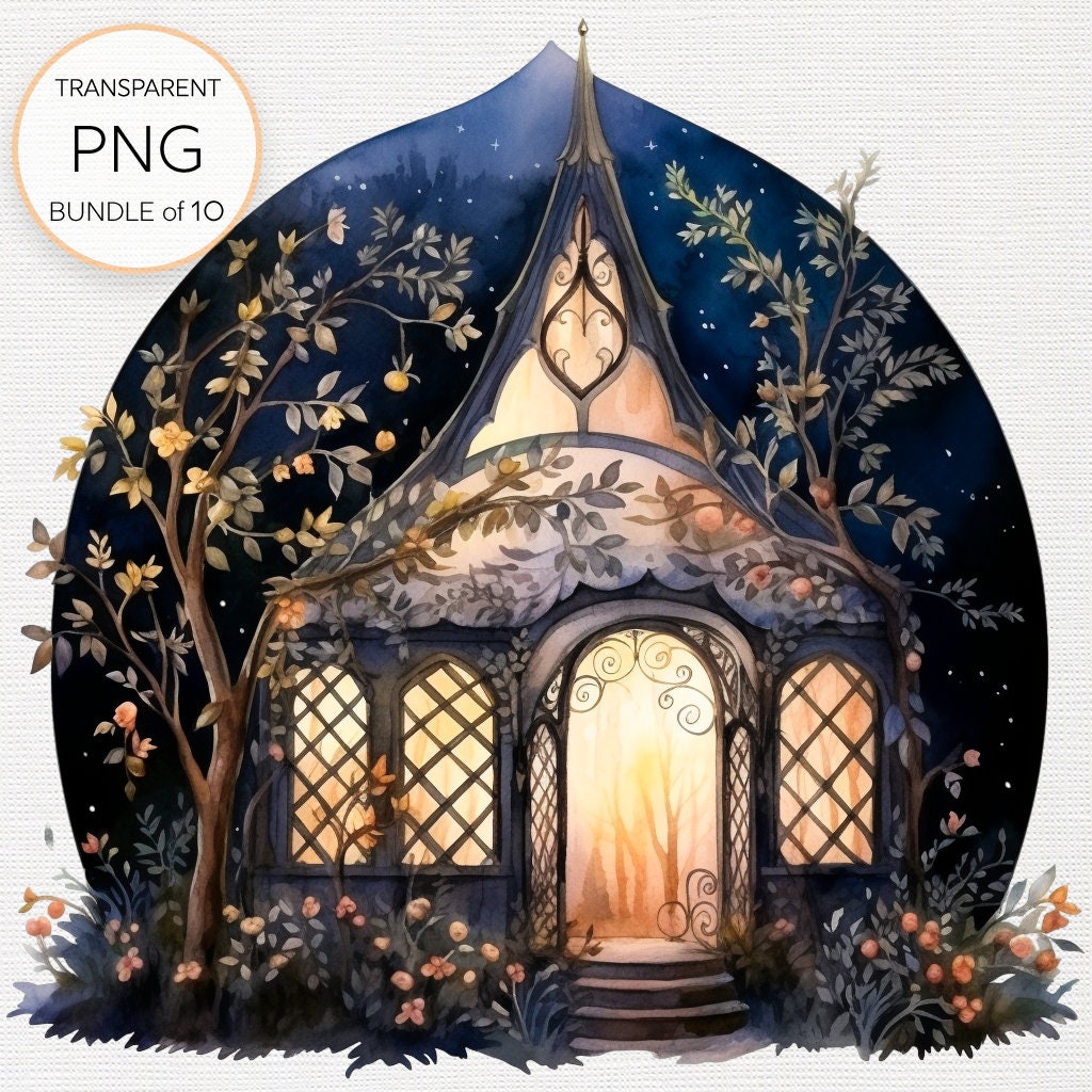 Set of 10 Watercolor Fairy Tent at Night Clipart Pngs for Enchanting ...