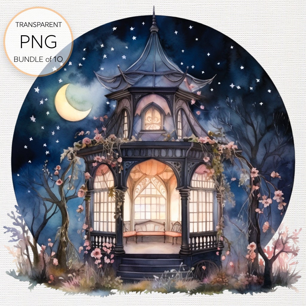 Set of 10 Watercolor Fairy Tent at Night Clipart Pngs for Enchanting ...