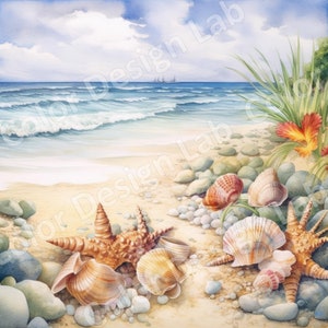 May include: A watercolor painting of a beach scene with seashells, starfish, and rocks. The ocean is in the background with a blue sky and white clouds. The seashells are in various shades of brown, white, and pink. The starfish are brown and have five points. The rocks are gray and brown.