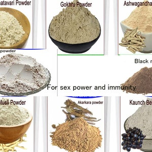 Organic Safed Musli, Shatavari, Kaunch Beej, Akarkara, Gokhru, Vidharikand, Black Musli, Ashwagandha Powder 200 Gram Combo Pack 25 Gram Each